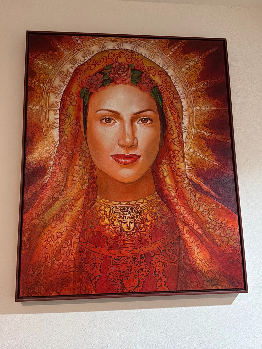 Framed Red and Gold Religious-Style Portrait Painting